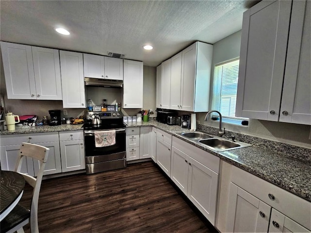 kitchen featuring stainless steel electric stove, a sink, dark wood-type flooring, under cabinet range hood, and white cabinetry