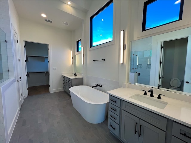 bathroom with vanity and independent shower and bath