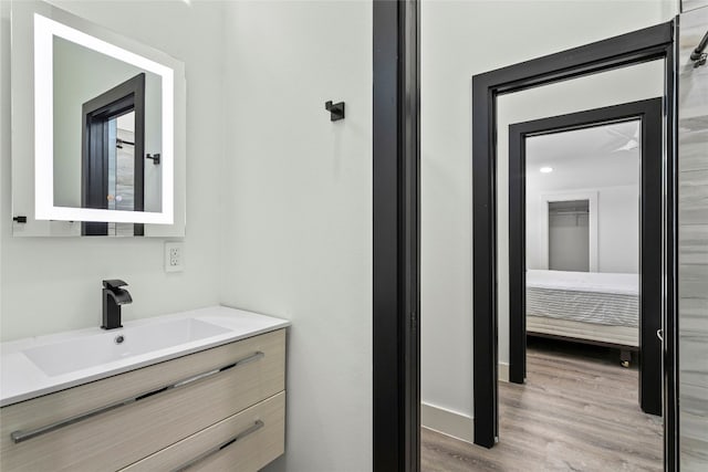 bathroom with hardwood / wood-style flooring and vanity