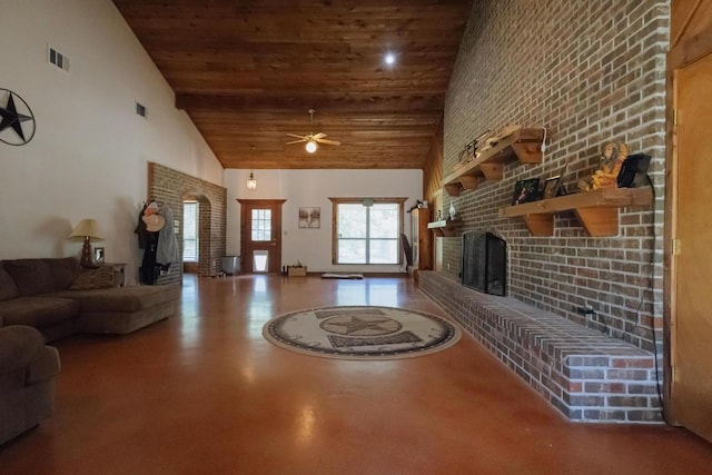 unfurnished living room with wooden ceiling, high vaulted ceiling, ceiling fan, concrete flooring, and brick wall