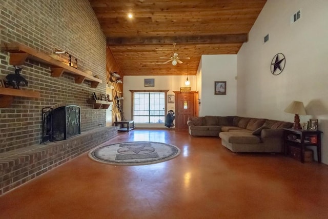 unfurnished living room featuring ceiling fan, high vaulted ceiling, brick wall, a fireplace, and wood ceiling