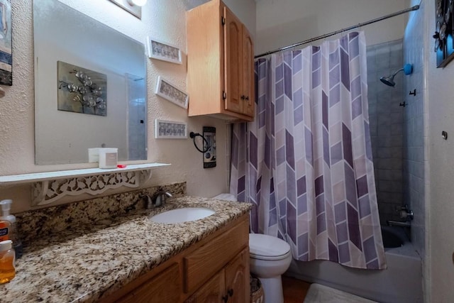 full bathroom with shower / bath combo, toilet, and vanity