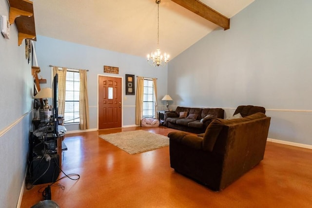 living room featuring beamed ceiling, a notable chandelier, and high vaulted ceiling