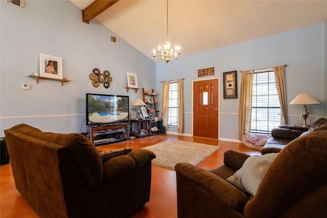 living room featuring beam ceiling, high vaulted ceiling, and an inviting chandelier