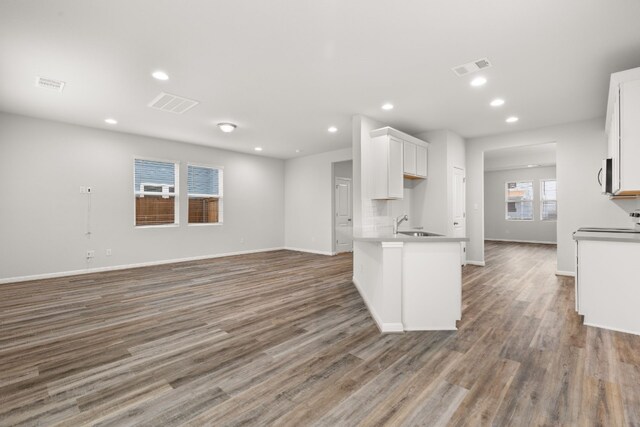 kitchen with dark wood-type flooring, kitchen peninsula, sink, and white cabinets