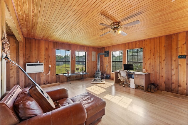 living room featuring ceiling fan, a wood stove, wooden ceiling, wooden walls, and light hardwood / wood-style flooring