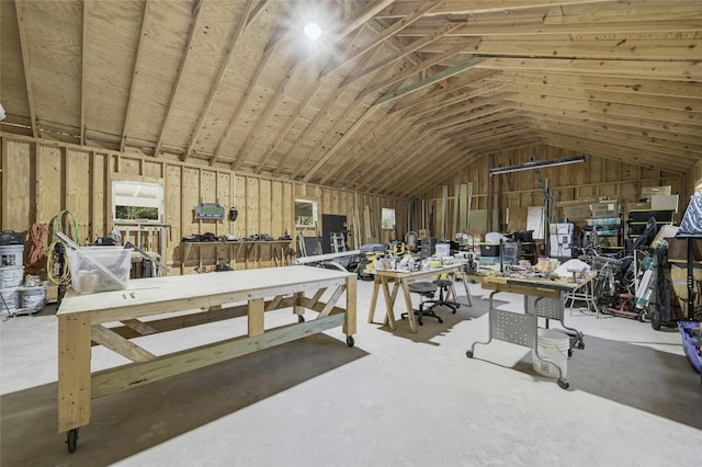 miscellaneous room featuring a workshop area and lofted ceiling