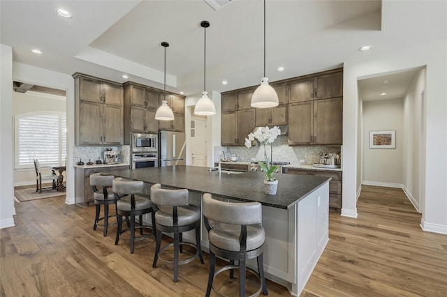 kitchen with sink, a raised ceiling, stainless steel appliances, and a kitchen island with sink