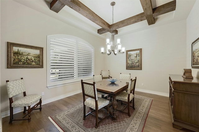 dining area featuring beamed ceiling, dark hardwood / wood-style floors, and an inviting chandelier