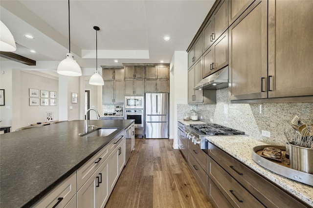 kitchen featuring backsplash, dark wood-type flooring, dark stone counters, sink, and appliances with stainless steel finishes