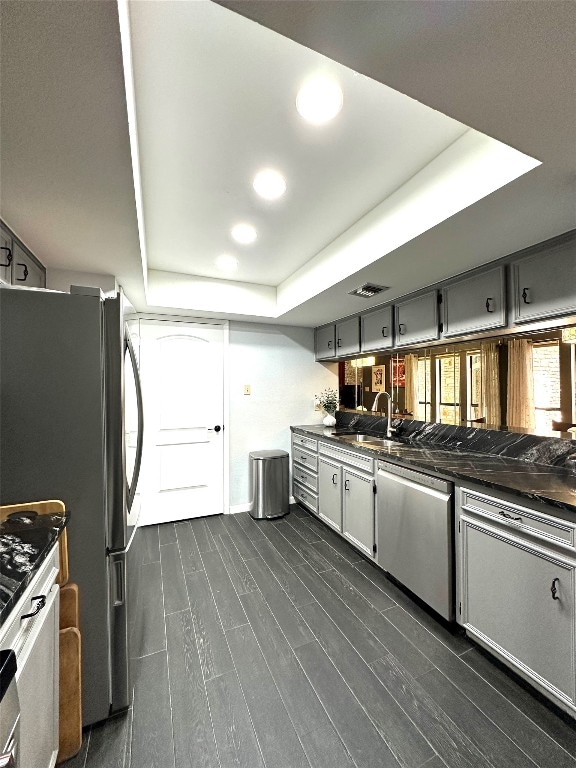 kitchen featuring sink, stainless steel appliances, dark hardwood / wood-style floors, and a tray ceiling