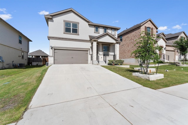 view of front of house featuring covered porch, a front lawn, a garage, and central AC unit