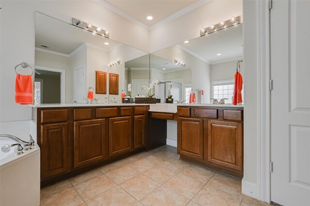 bathroom with tile patterned flooring, a washtub, double vanity, and crown molding