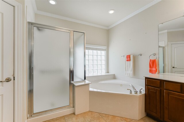 bathroom featuring vanity, plus walk in shower, and crown molding