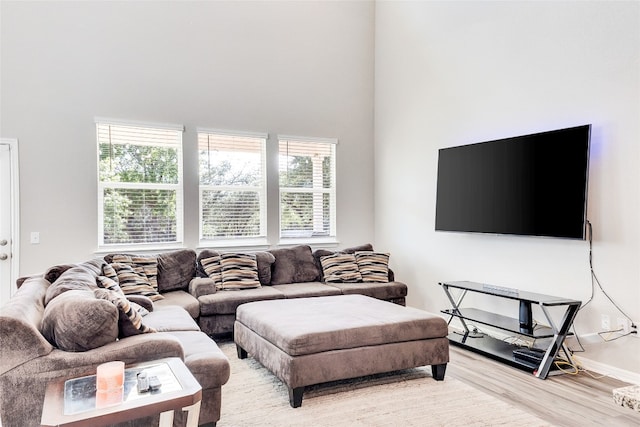 living room featuring a high ceiling, light hardwood / wood-style flooring, and a wealth of natural light