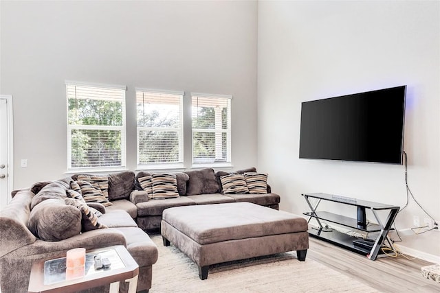 living room with plenty of natural light, a towering ceiling, and hardwood / wood-style floors