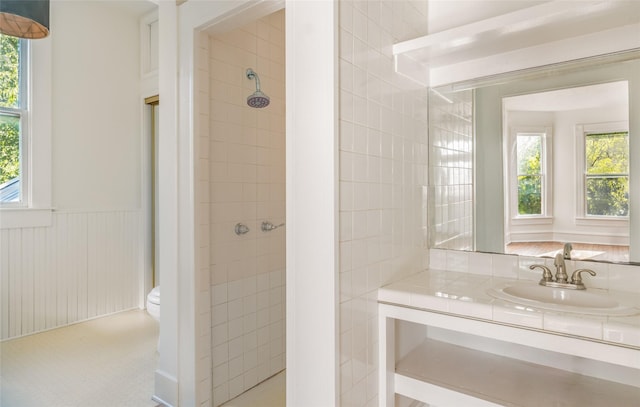 bathroom with vanity, a healthy amount of sunlight, a tile shower, and toilet