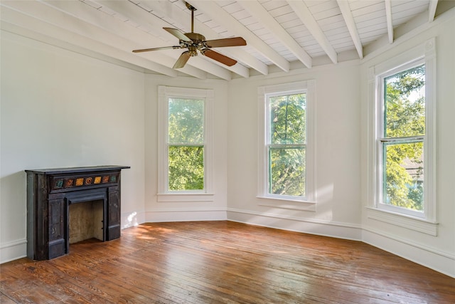 unfurnished living room with wood ceiling, ceiling fan, wood-type flooring, and beam ceiling