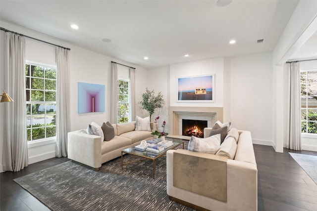 living room featuring dark wood-type flooring and a wealth of natural light