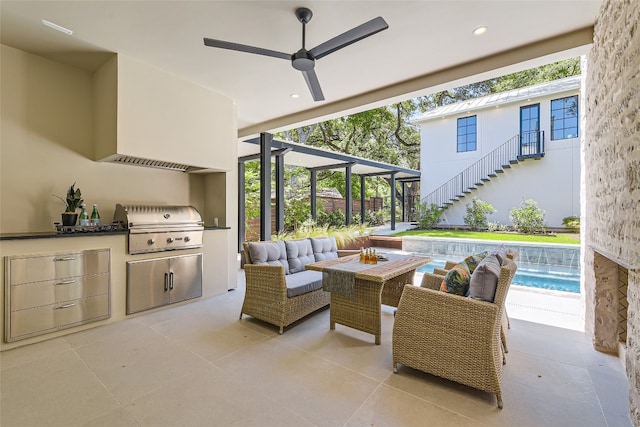 view of patio / terrace featuring grilling area, an outdoor hangout area, an outdoor kitchen, and ceiling fan