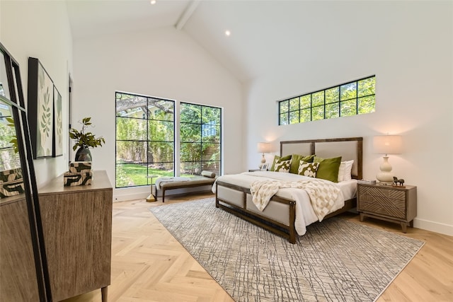 bedroom featuring light parquet flooring, high vaulted ceiling, and beamed ceiling