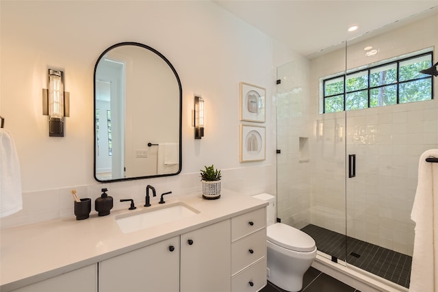 bathroom with an enclosed shower, tile patterned floors, toilet, decorative backsplash, and vanity