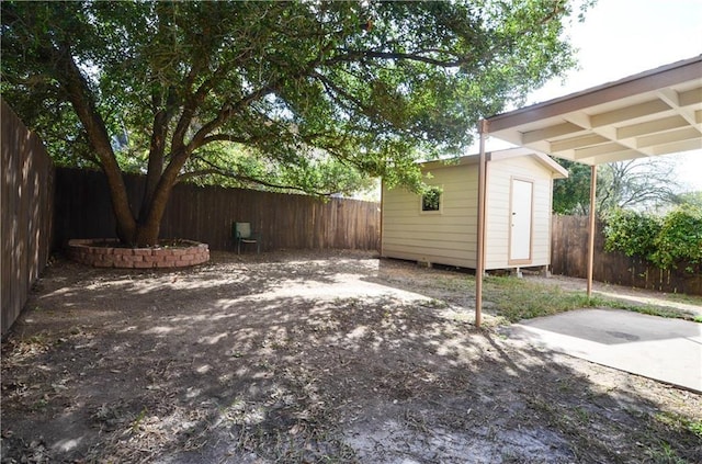 view of patio / terrace with a shed