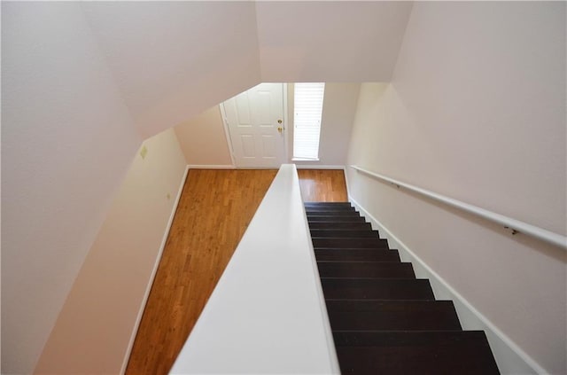 stairs featuring hardwood / wood-style flooring