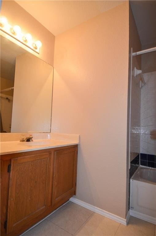 bathroom featuring tile patterned floors, vanity, and shower / washtub combination