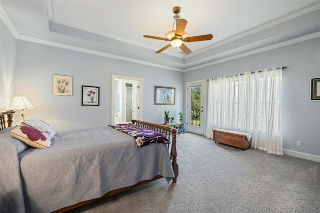 carpeted bedroom featuring ceiling fan, a raised ceiling, ornamental molding, and access to outside