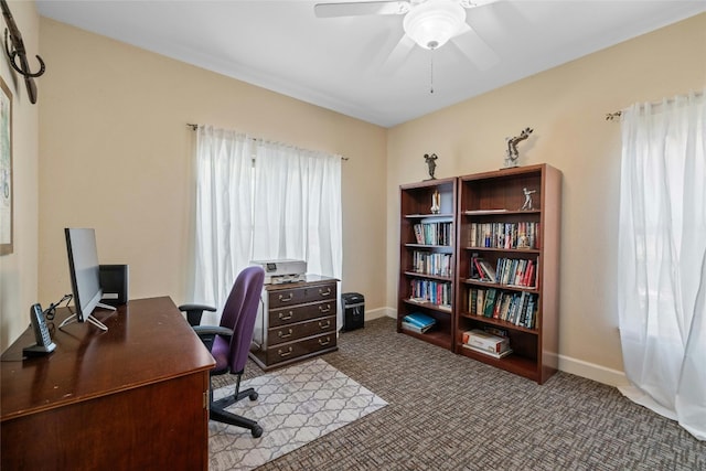 office area with carpet flooring and ceiling fan