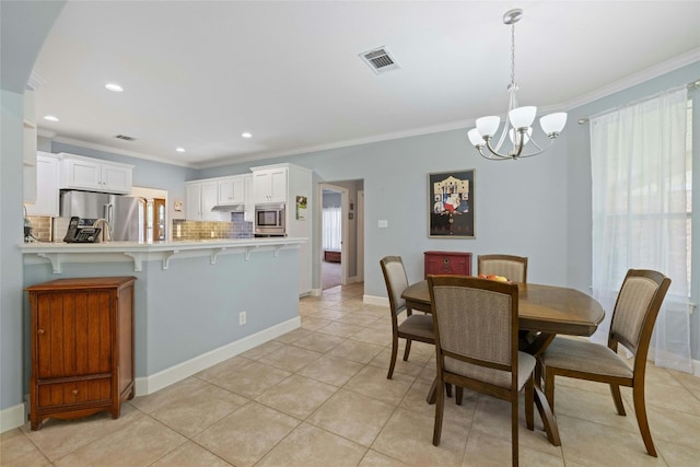 dining area featuring a chandelier, a healthy amount of sunlight, ornamental molding, and light tile patterned flooring