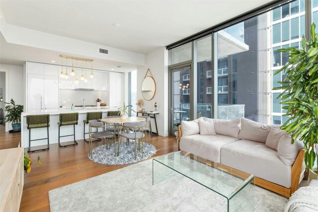 living room with dark wood-type flooring, sink, and a wealth of natural light