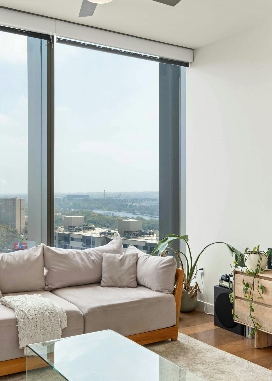 living room featuring expansive windows, hardwood / wood-style floors, and a wealth of natural light