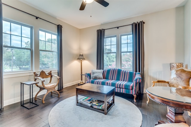 living room featuring dark wood-type flooring and ceiling fan