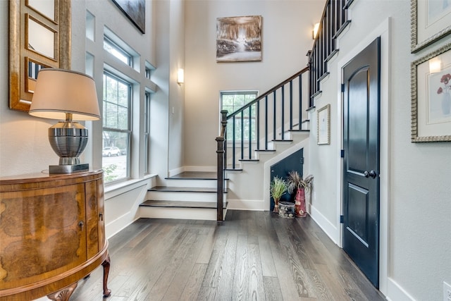 entryway with a wealth of natural light, a towering ceiling, and dark wood-type flooring