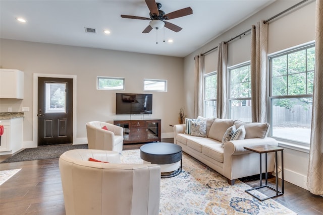 living room with a healthy amount of sunlight and dark wood-type flooring