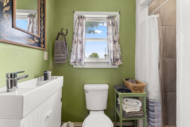 bathroom with toilet, walk in shower, and vanity