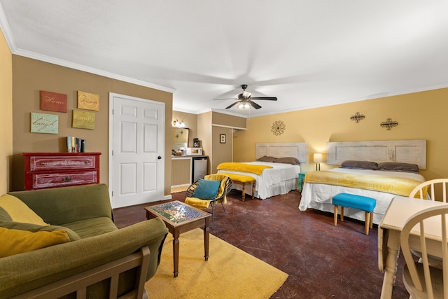 carpeted bedroom with ceiling fan and ornamental molding