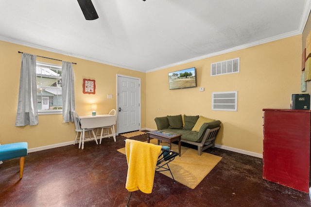 living room featuring crown molding