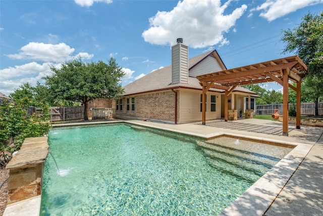 view of swimming pool with a pergola, pool water feature, and a patio