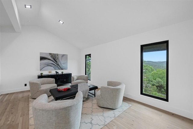 living room featuring light hardwood / wood-style flooring, a healthy amount of sunlight, and vaulted ceiling