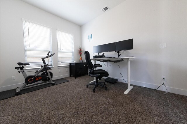 carpeted office with vaulted ceiling