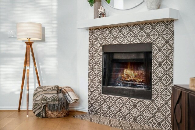 room details with a fireplace and wood-type flooring