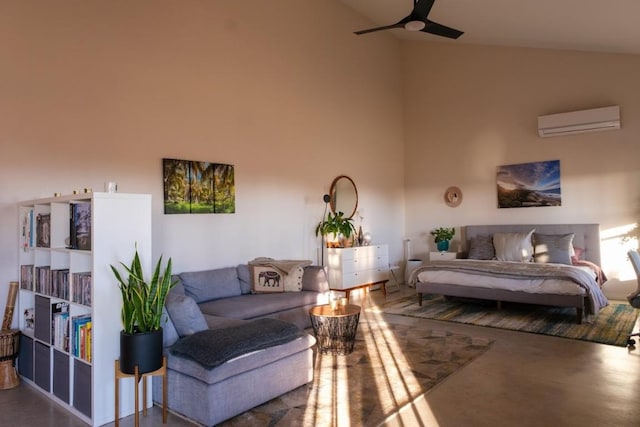 living room with a wall mounted AC, ceiling fan, concrete floors, and vaulted ceiling