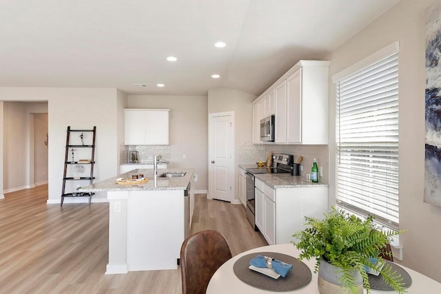 kitchen with white cabinetry, sink, decorative backsplash, and stainless steel appliances