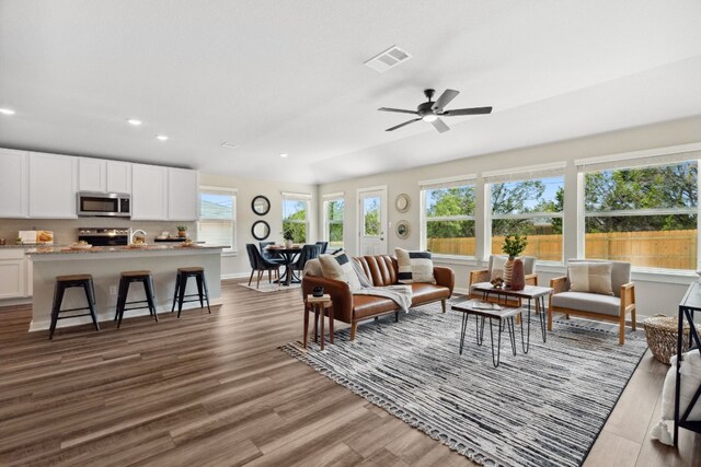 living room featuring ceiling fan and hardwood / wood-style flooring