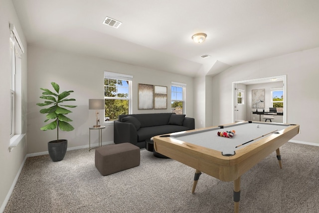 game room with carpet flooring, vaulted ceiling, and billiards