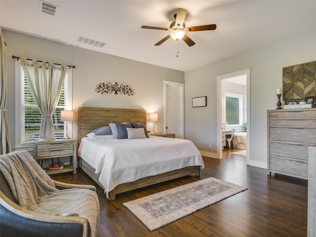 bedroom featuring ceiling fan and dark hardwood / wood-style floors