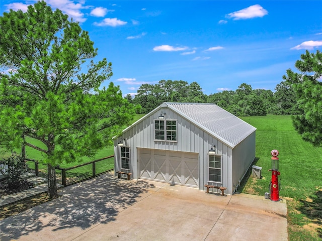 garage with a lawn